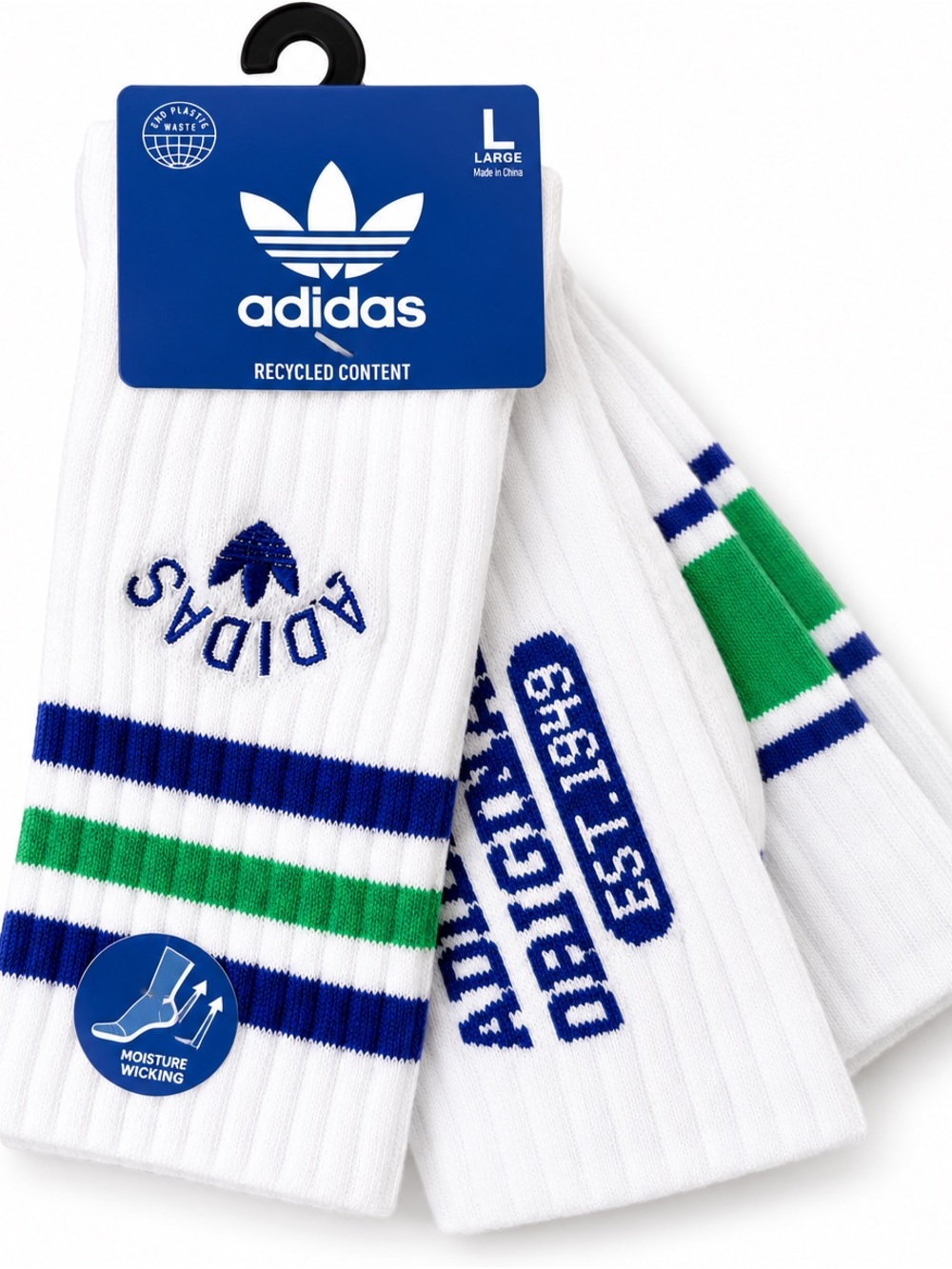 3pk Adidas White Crew Socks with Blue & Green Stripe Accents